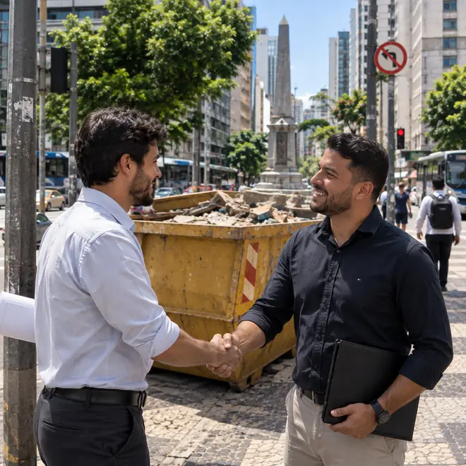 Acordo fechado ao lado de caçamba de entulho em praça do centro de Belo Horizonte