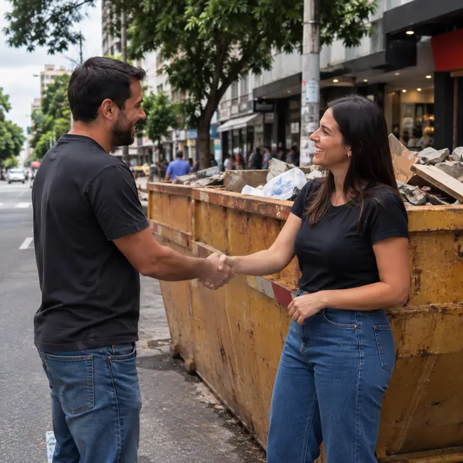 Cliente e prestador apertam as mãos ao lado de caçamba de entulho amarela em avenida de Belo Horizonte