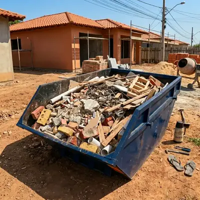 Caçamba de entulho cheia de tijolos e madeira em obra residencial