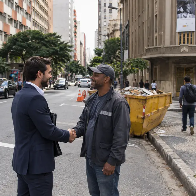 Aperto de mãos na rua com caçamba de entulho estacionada junto ao meio-fio em Belo Horizonte